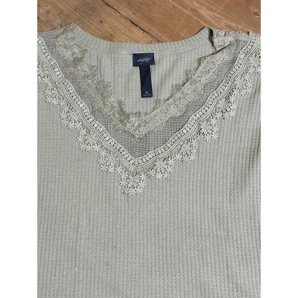 Daytrip Waffle Knit Top Blouse Long Sleeve V-Neck Lace Mesh Olive Green XL - Picture 2 of 4